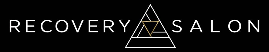A triangular designed logo between the business name Recovery Salon.